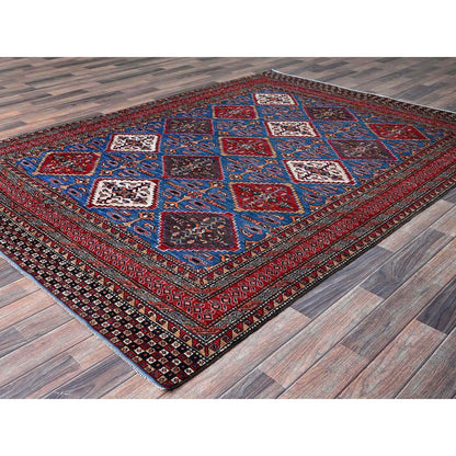 6'1"X8'6" Blue Afghan Ersari Caucasian Design Revival Hand Knotted Wool Rug