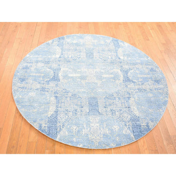 6'X6' Blue Hand Knotted Wool And Pure Silk Jewellery Design Round Rug