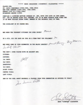 Enos Slaughter Autographed Hand Filled Out Survey Page (Jsa)