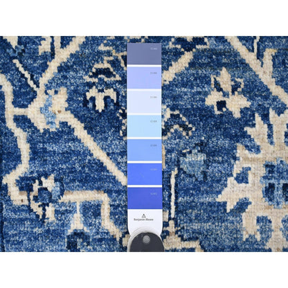 2'9"X19'8" Blue Hand Knotted Angora Oushak Leaf Design Wool Runner Rug