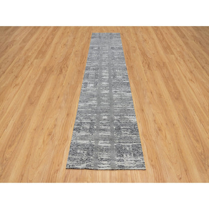 2'6"X11'8" Gray Undyed Natural Wool Hand Knotted Modern Design Runner Rug