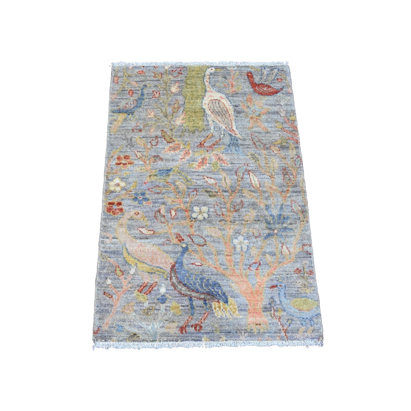 2'1"X3'1" Gray 100% Wool Birds Of Paradise Design Hand Knotted Mat Rug