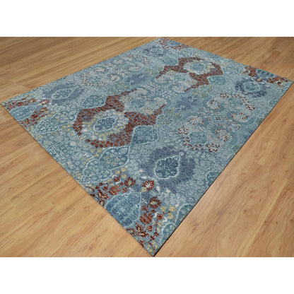 8'1"X10'1" Cerulean Blue Jewelry Design Wool And Silk Hand Knotted Rug