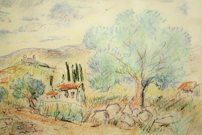 Jean Claude Picot Pastel Watercolor Ink On Paper 1988 Signed Landscape With Tree