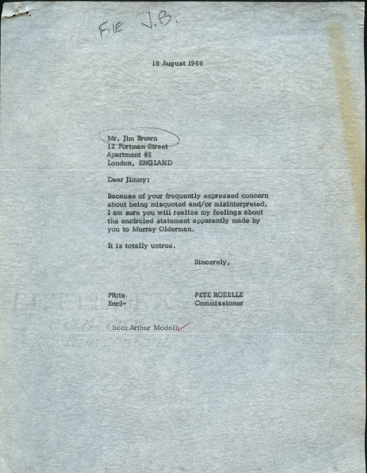 August 18, 1966 Typed Letter From Pete Rozelle To