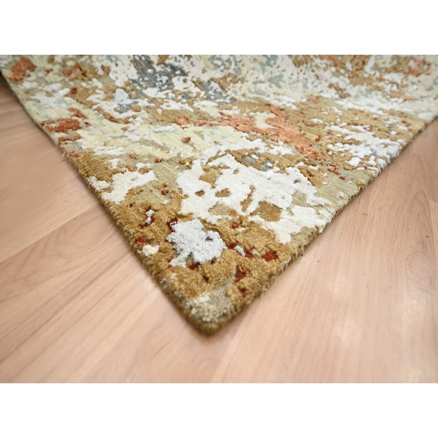 6'X9'3" Blue With Beige Abstract Galaxy Design Pure Wool Hand Knotted Rug