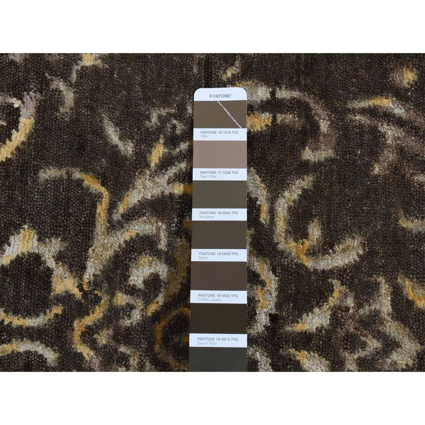 2'x9'10" Brown Hand Knotted Damask Tone on Tone Wool and Silk Runner Rug