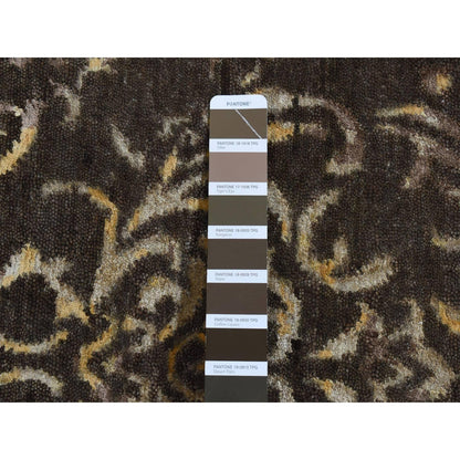 2'x9'10" Brown Hand Knotted Damask Tone on Tone Wool and Silk Runner Rug