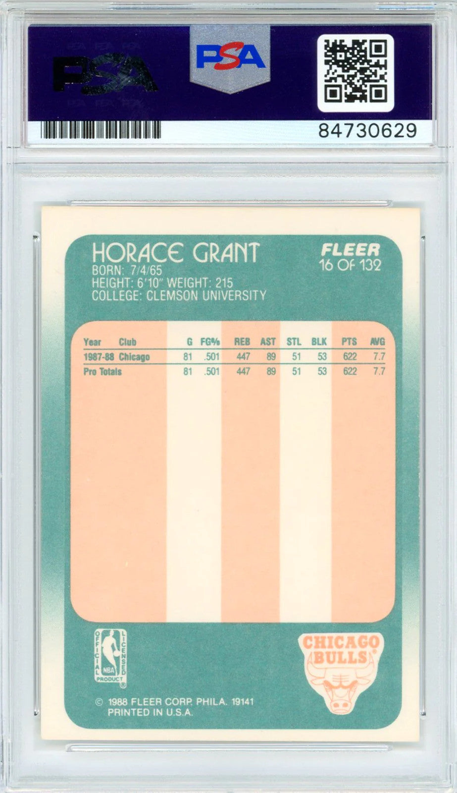Horace Grant Autographed 1988 Fleer Card #16 (Psa Auto)