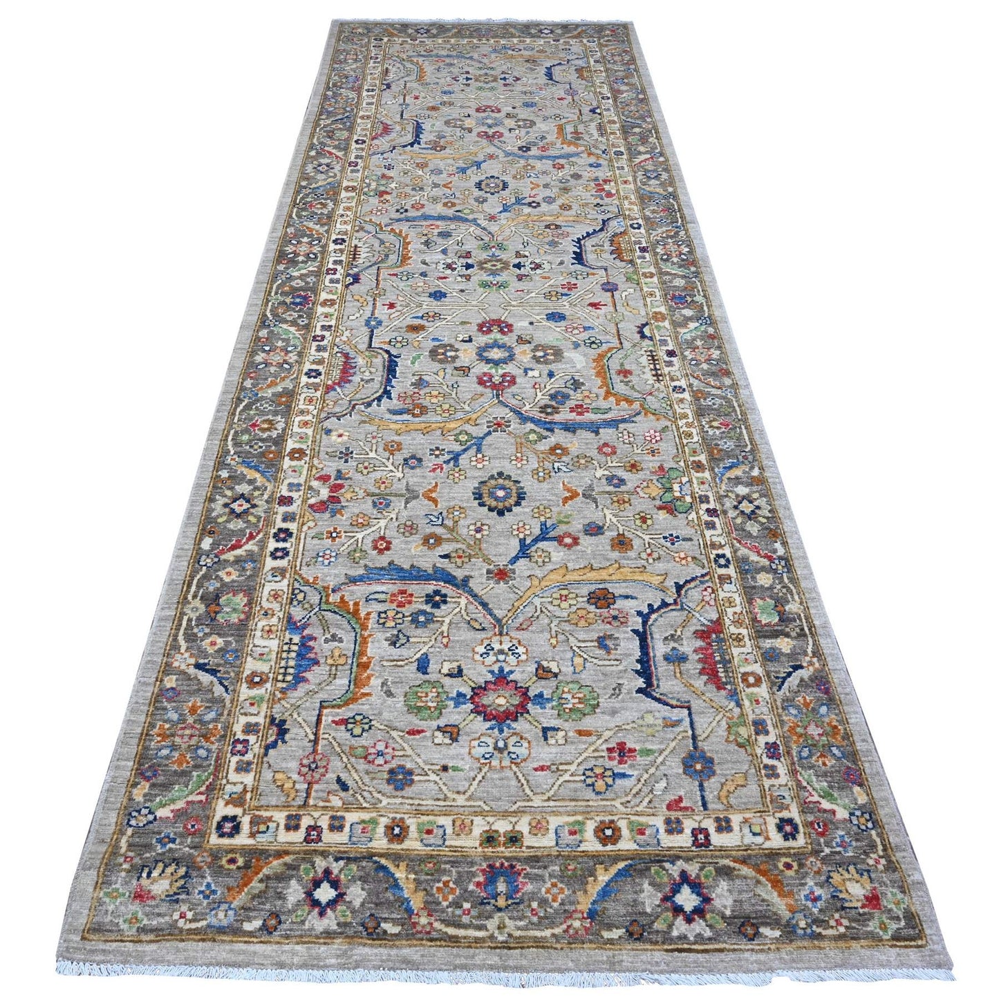 4'X11'9" Gray Heris All Over Design Hand Knotted Wide Runner Oriental Rug