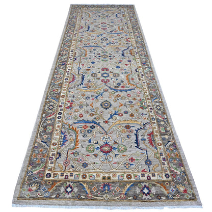 4'X11'9" Gray Heris All Over Design Hand Knotted Wide Runner Oriental Rug
