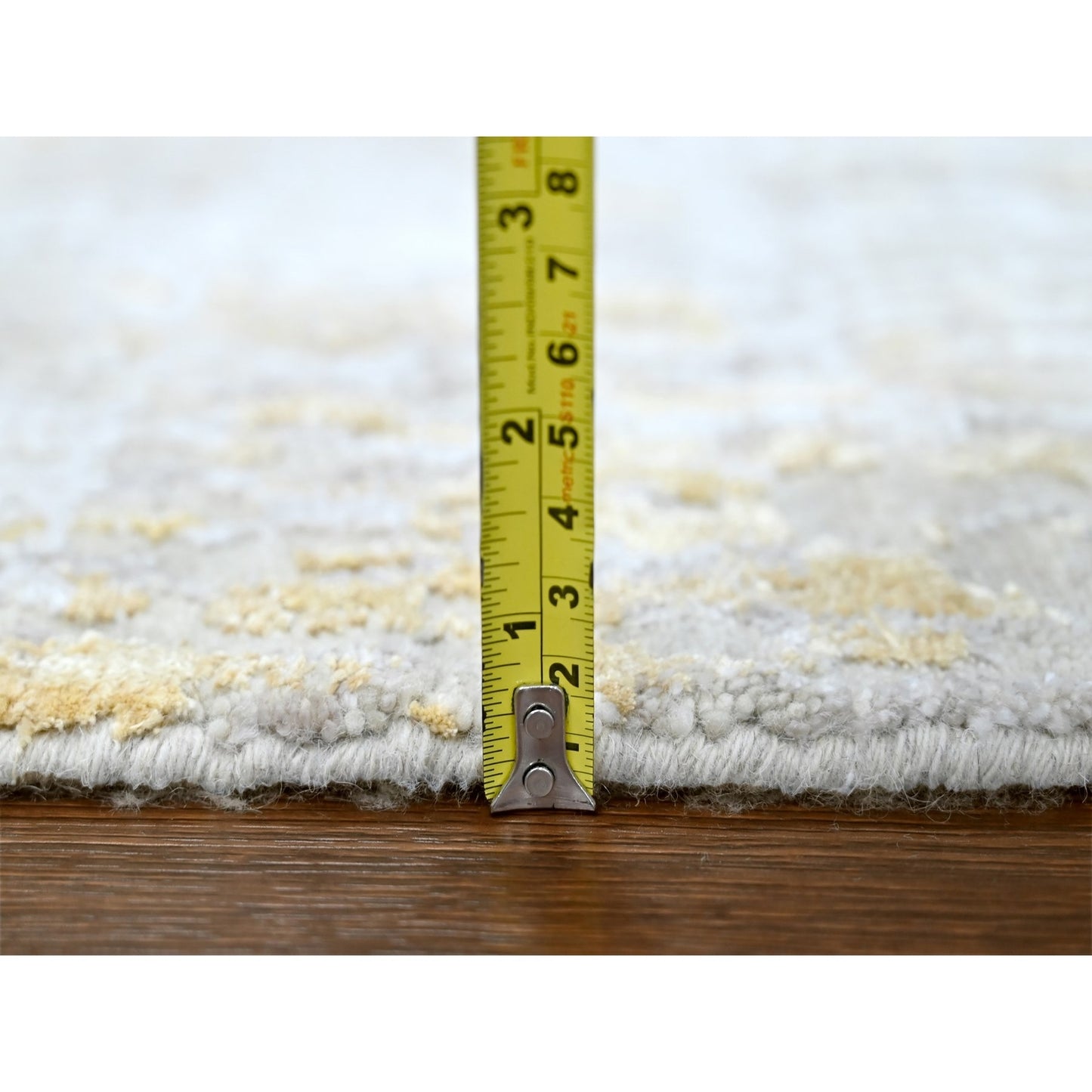 2'6"X9'9" Beige Abstract Design Wool And Silk Hand Knotted Runner Rug