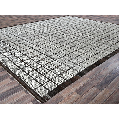 9'7"X11'8" White Moroccan Weave With Grid Design All Wool Hand Knotted Rug