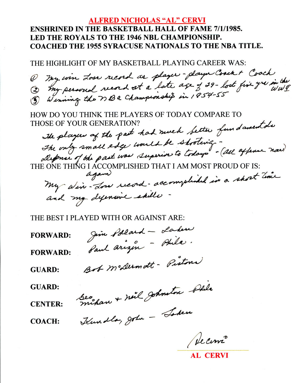 Al Cervi Autographed Hand Filled Out Survey Page (Jsa)