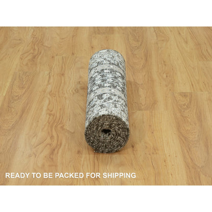 2'6"X9'10" Gray Hand Knotted Silk And Wool Willow Cypress Tree Runner Rug