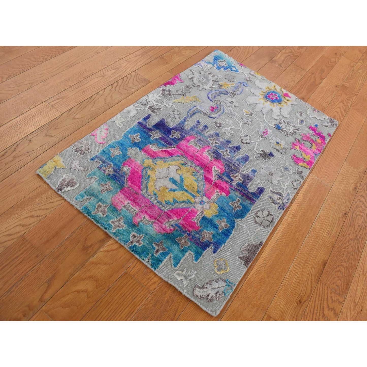 2'X3'2" Gray Oushak Design Silk With Wool Hand Knotted Sample Mat Rug