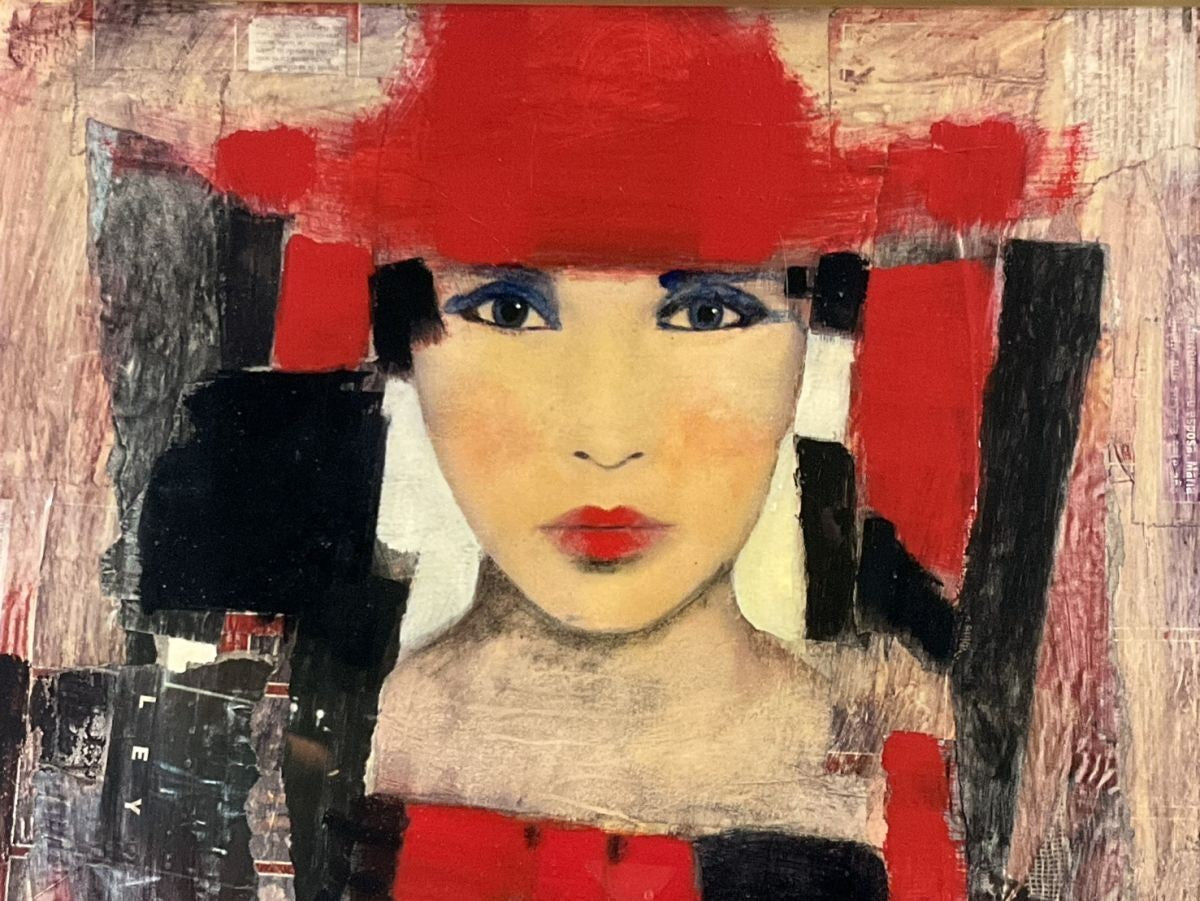 Juan Castilla Lady in Red Hat Original Mixed Media Painting | Modern Spanish