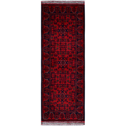 1'8"X4'9" Red Hand Knotted Afghan Khamyab Geometric Pattern Wool Runner Rug