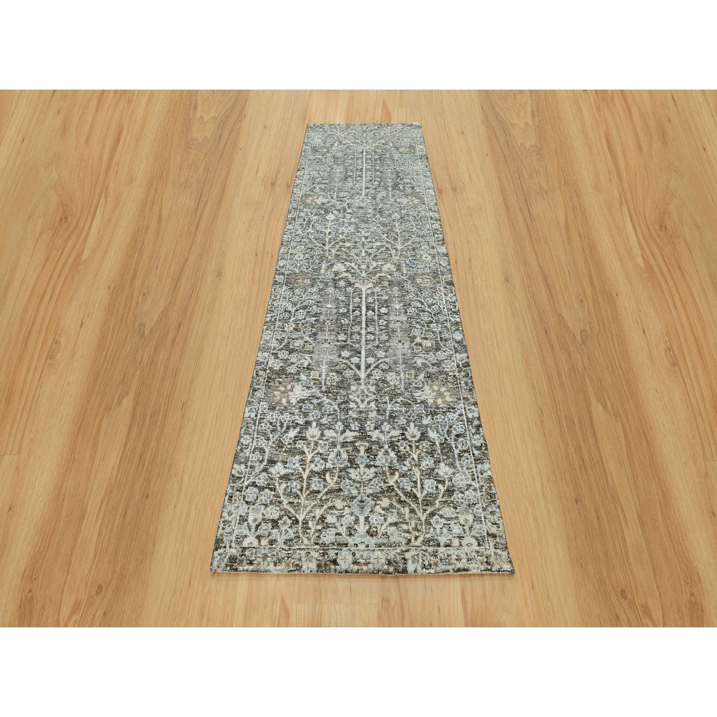 2'4"X8'1" Gray Hand Knotted Silk And Wool Willow And Cypress Tree Rug