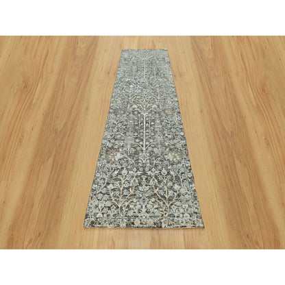 2'4"X8'1" Gray Hand Knotted Silk And Wool Willow And Cypress Tree Rug