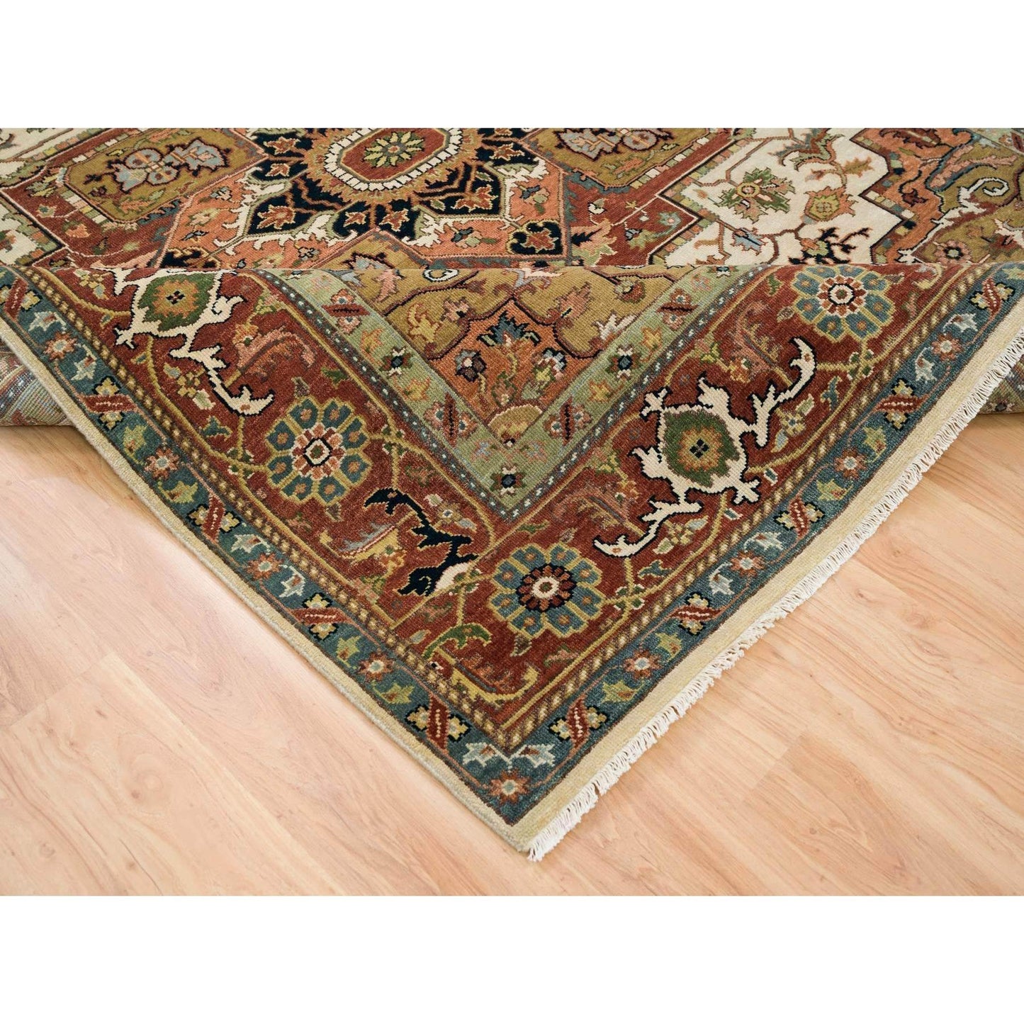 7'9"X9'9" Ivory Heris Medallion Design Pure Wool Hand Knotted Rug