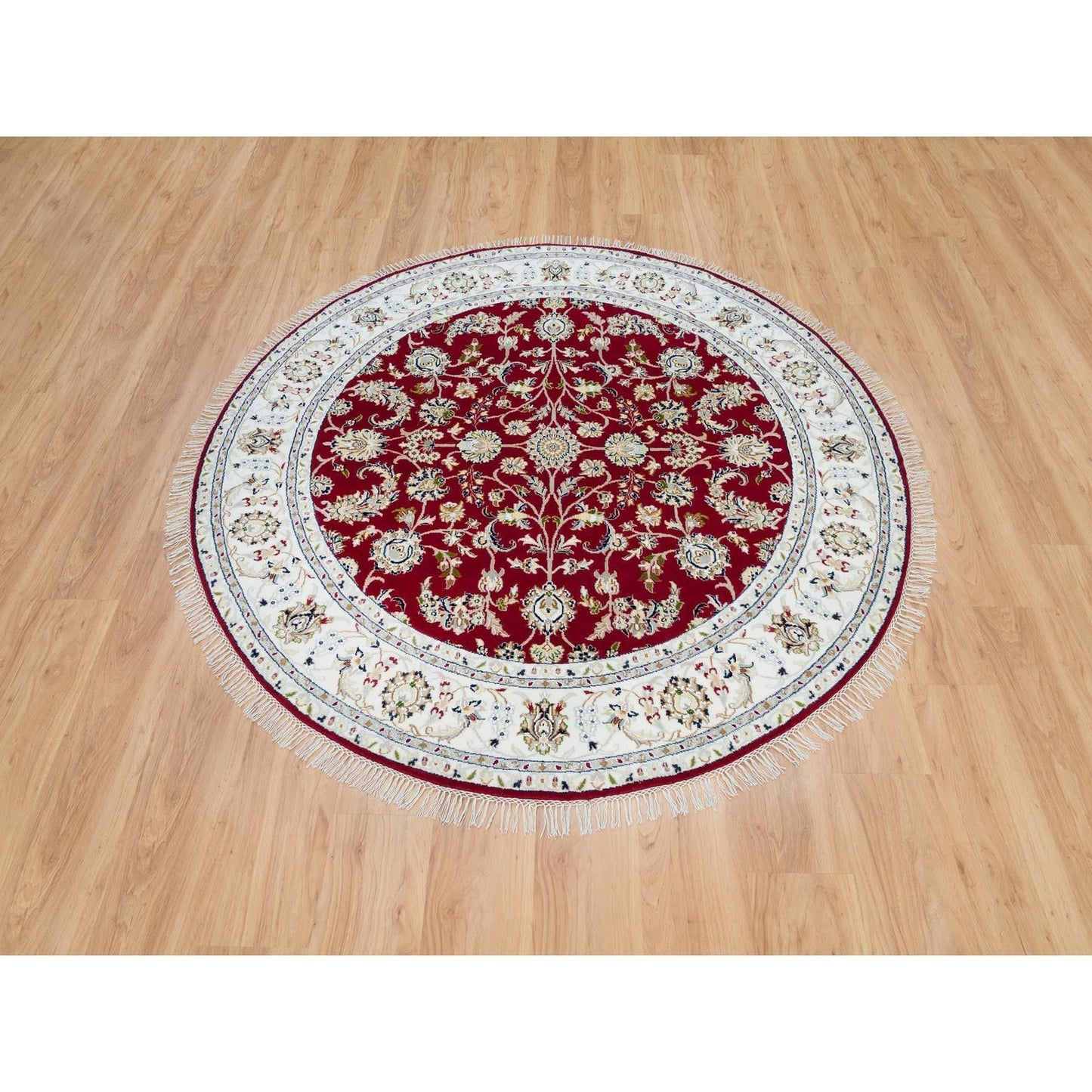 6'X6' Red 250 Kpsi Organic Wool Hand Knotted Nain Design Round Rug