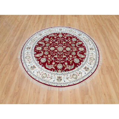 6'X6' Red 250 Kpsi Organic Wool Hand Knotted Nain Design Round Rug