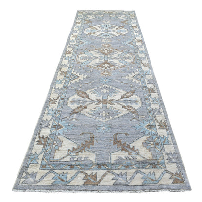 3'10"X12'1" Gray Anatolian Angora Oushak Hand Knotted Wool Runner Rug