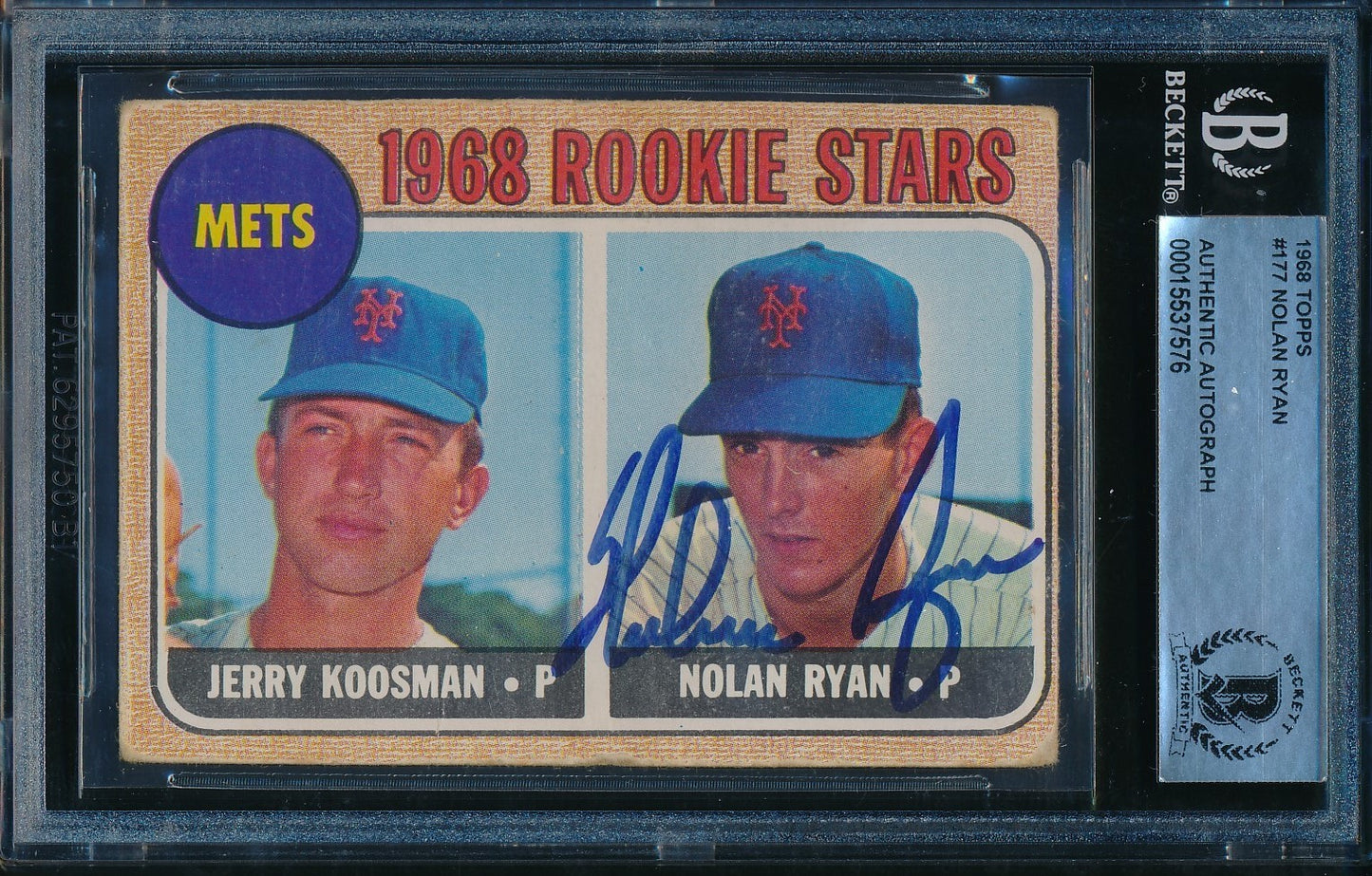 Nolan Ryan Hof Signed/Auto 1968 Topps Rookie Card #177 Ny Mets Beckett 190594