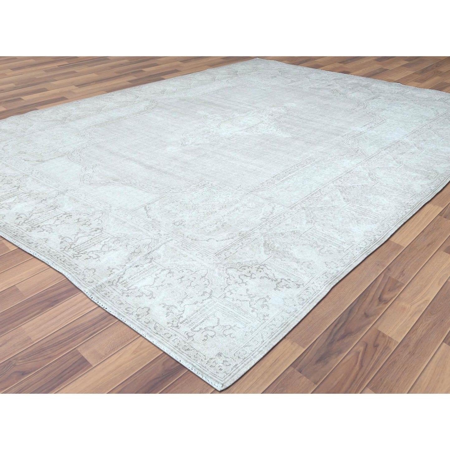 9'6"X12'5" Hand Knotted Ivory Vintage Farsian Karman Worn Wool Rug