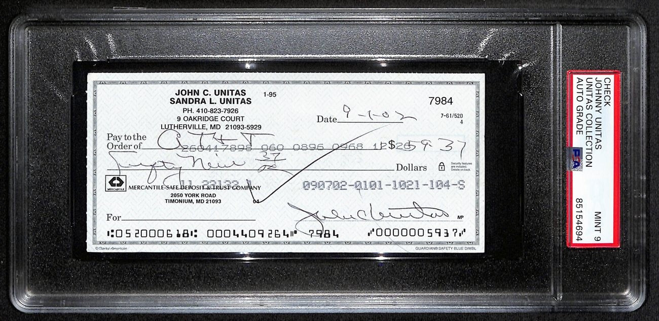 Johnny Unitas Signed 9/1/02 Check Psa/Dna Mint 9 188675