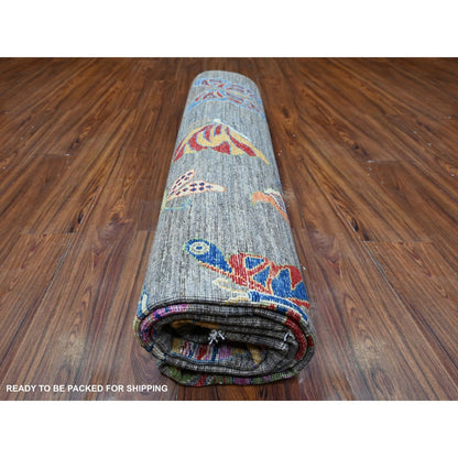 7'8"X9'7" Shark Gray Wool Colorful Hand Knotted Oriental Novelty Rug