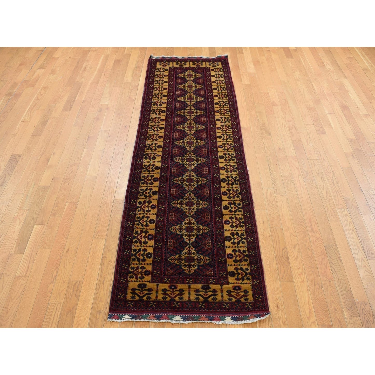 3'X10'2" Red Afghan Khamyab Shiny Wool Hand Knotted Runner Rug