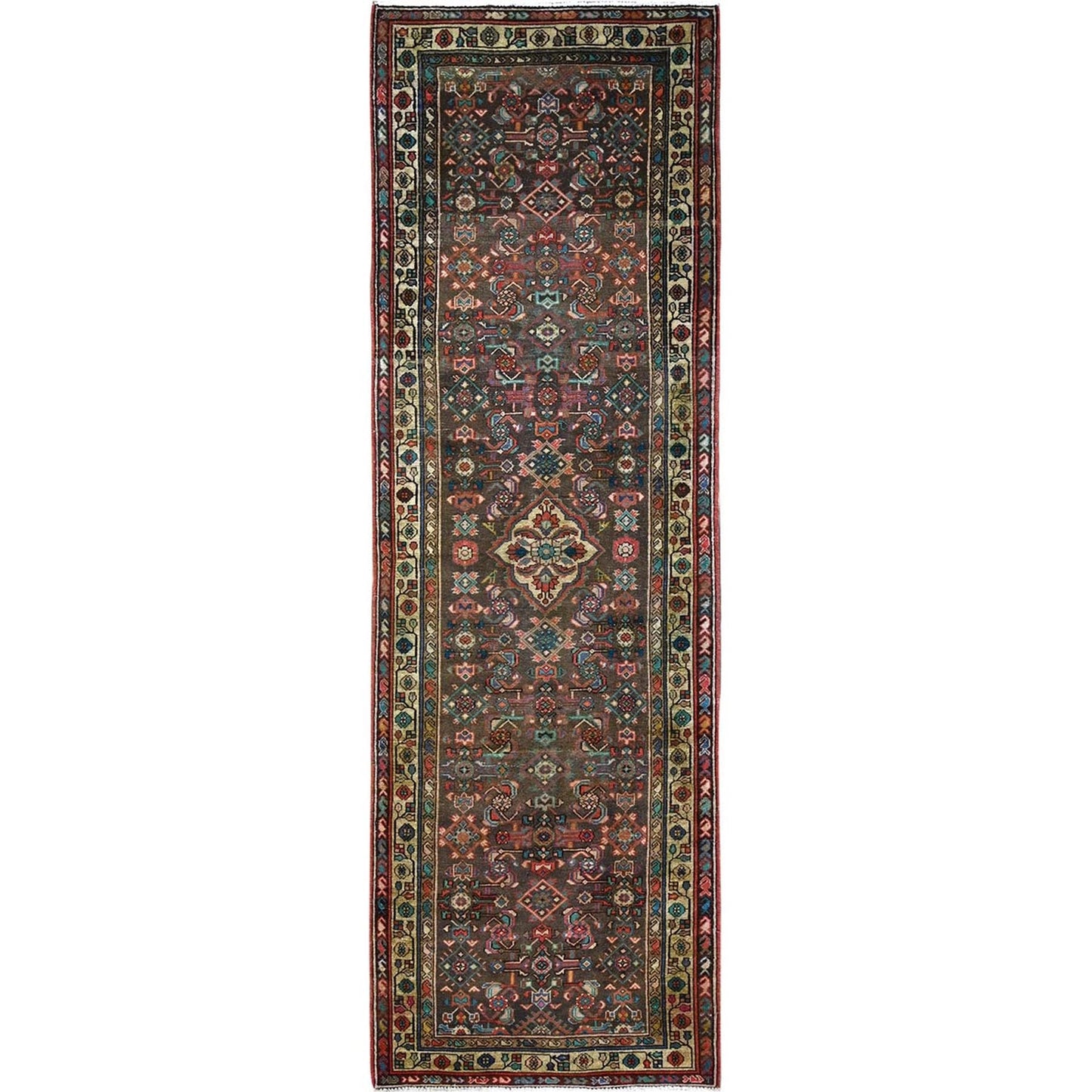 3'5"X10'4" Brown Semi Antique Hand Knotted Hamadan Wide Long Runner Rug