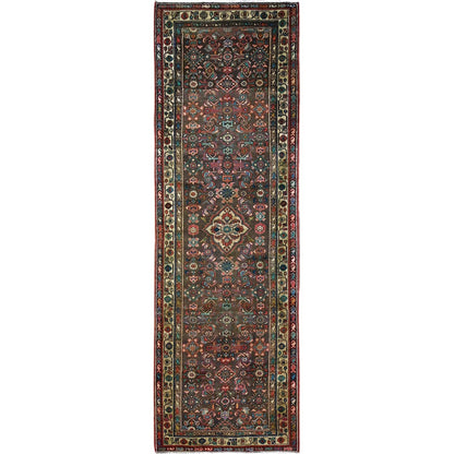 3'5"X10'4" Brown Semi Antique Hand Knotted Hamadan Wide Long Runner Rug