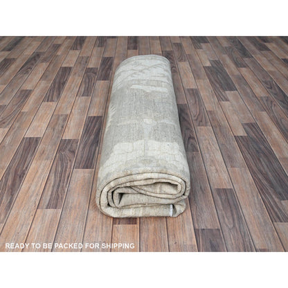 8'X9'8" Dove White Hand Knotted Afghan Peshawar Geometric Design Wool Rug