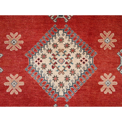 8'1"X9'9" Red Special Kazak All Over Medallions Wool Hand Knotted Rug