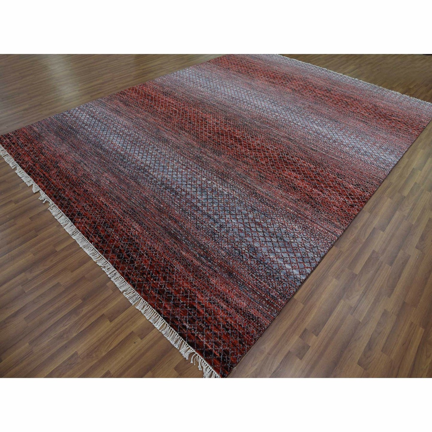 9'1"X12'1" Red Hand Knotted Modern Chiaroscuro Collection Pure Wool Rug