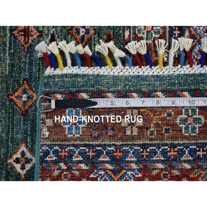 3'6"X5'3"Green Hand Knotted Super Kazak With Khorjin Design Soft Wool Rug