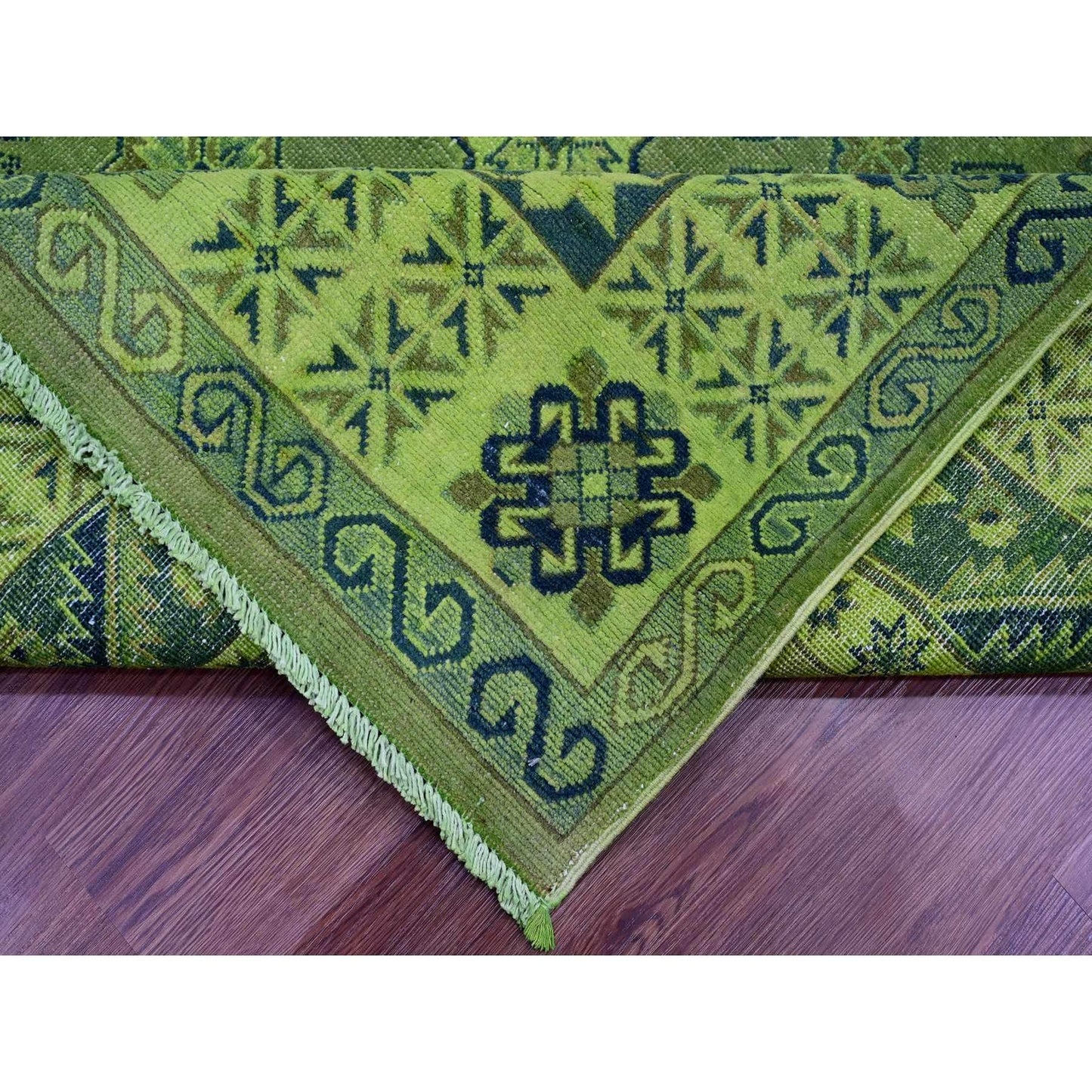 7'5"X10' Olive Green Hand Knotted Overdyed Kazak Tribal Design Wool Rug