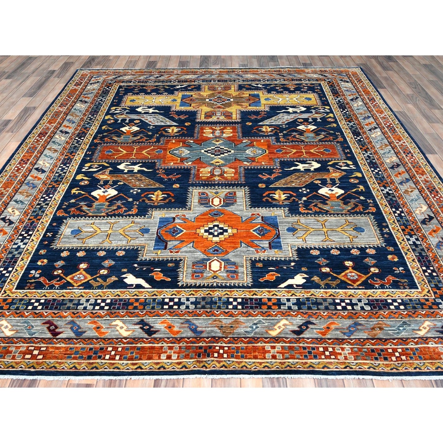 8'4"X9'7" Blue Wool Hand Knotted Armenian Inspired Design 200 Kpsi Rug