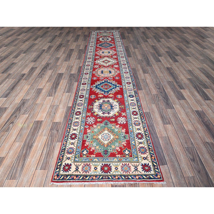 2'7"X12'7" Red Kazak With Medallions Design Hand Knotted Wool Runner Rug