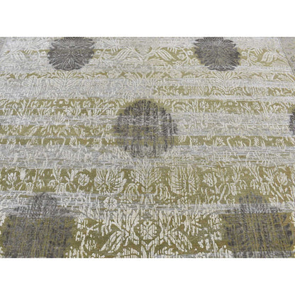 8'9"X12'1" Green Silk With Wool Abrash Artistic Motifs Hand Knotted Rug