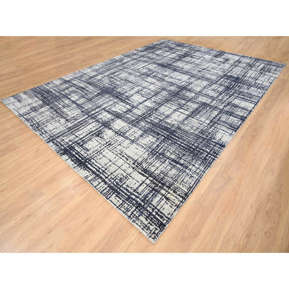 10'X13'9" Black Modern Erased Lines Design Wool And Silk Hand Loomed Rug