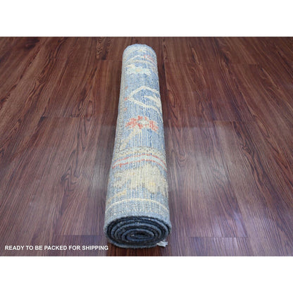 2'9"X6'2" Blue Hand Knotted Afghan Angora Oushak Leaf Design Wool Runner