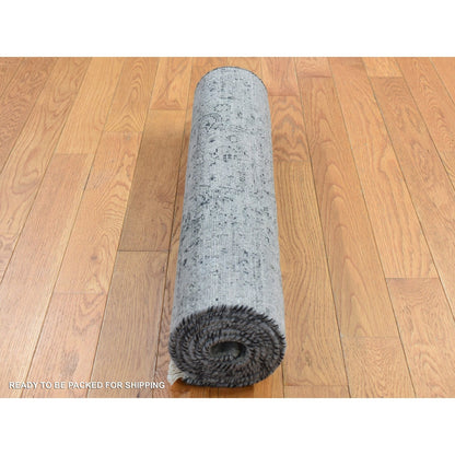 2'6"X6' Gray Zoroastrian Erased Design Silk/Wool Hand Knotted Runner Rug