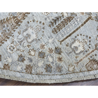 8'3"X8'3" Gray Peshawar With Folk Art Cypress Tree Design Shiny Wool Rug