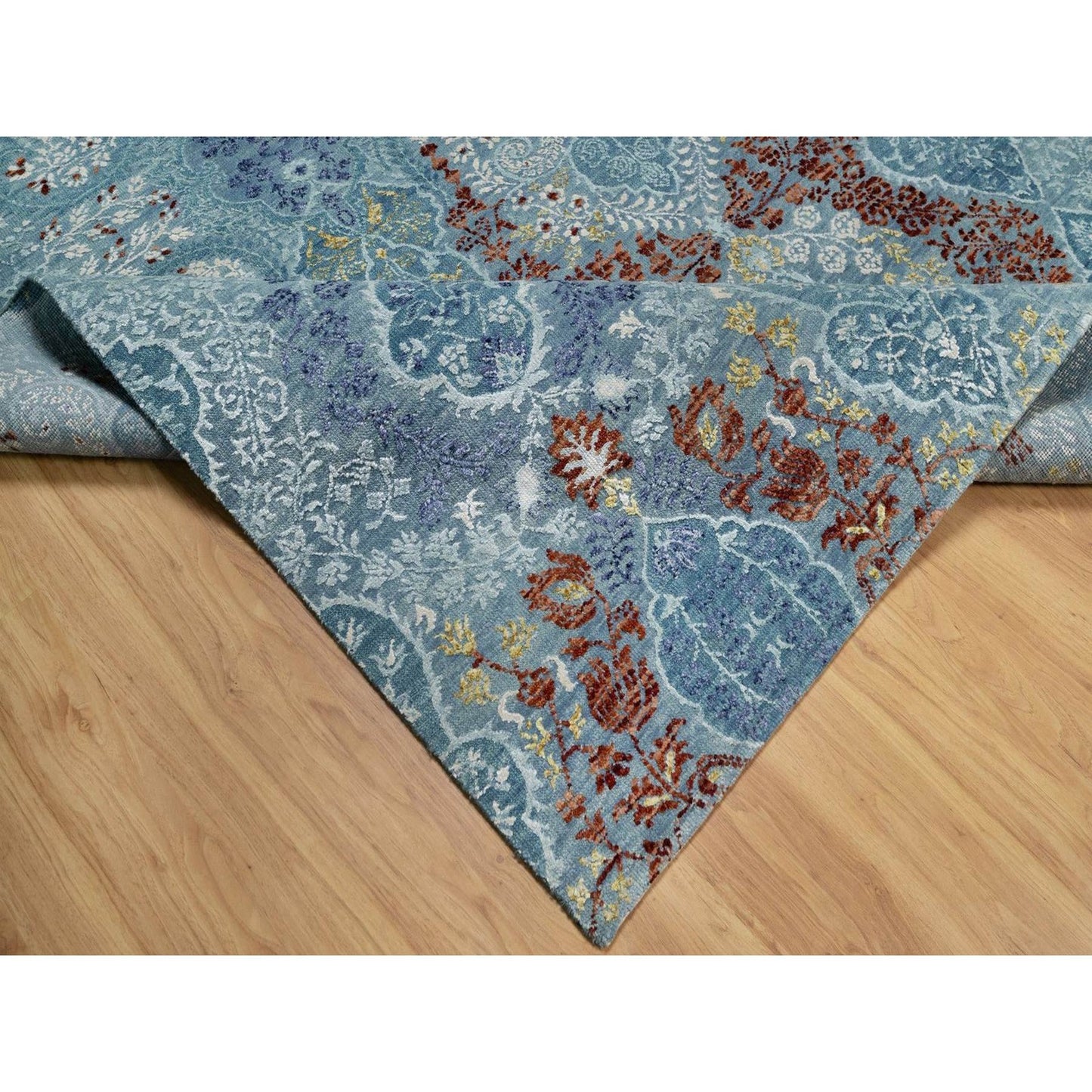 8'1"X10'1" Cerulean Blue Jewelry Design Wool And Silk Hand Knotted Rug