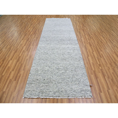 4'X12'2" Gray Grass Design Undyed Wool Hand Knotted Wide Runner Rug
