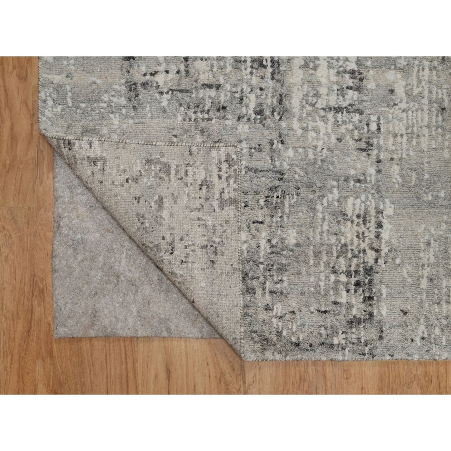 2'7"X8' Gray Modern Runner Rug Erased Design Hand Knotted Natural Wool